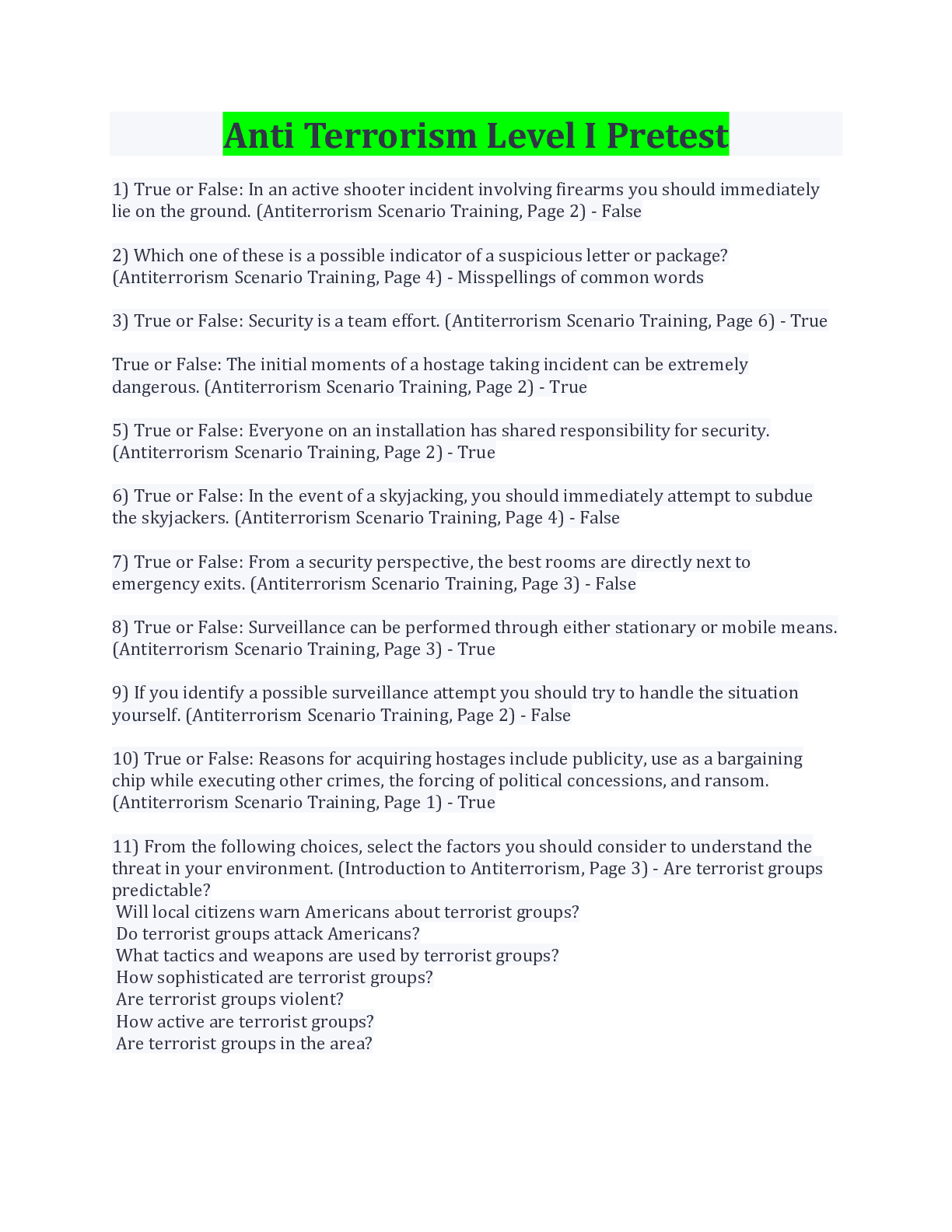 Preview of Anti Terrorism Level I Pretest Questions And Answers Latest Update